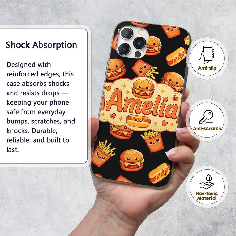 Cute Kawaii Burger Fries Hotdog Printed Design Custom Name Protective Phone Case Mobile Cover Durable Everyday Smartphone Shock Resistant