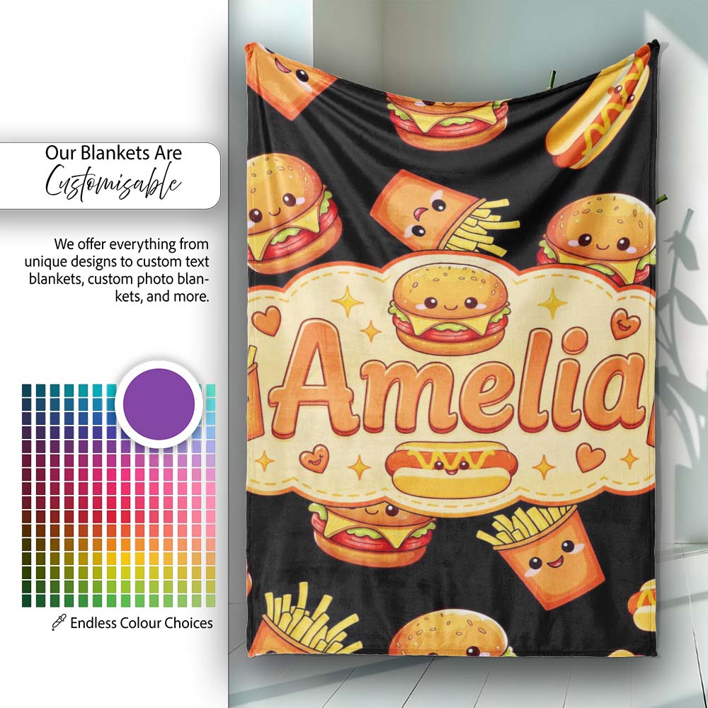 Cute Kawaii Burger Fries Hotdog Fast Food Seamless Pattern Black  Personalised Custom Name Super Soft Fleece Blanket Bed Sofa Throw