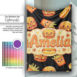 Cute Kawaii Burger Fries Hotdog Fast Food Seamless Pattern Black  Personalised Custom Name Super Soft Fleece Blanket Bed Sofa Throw