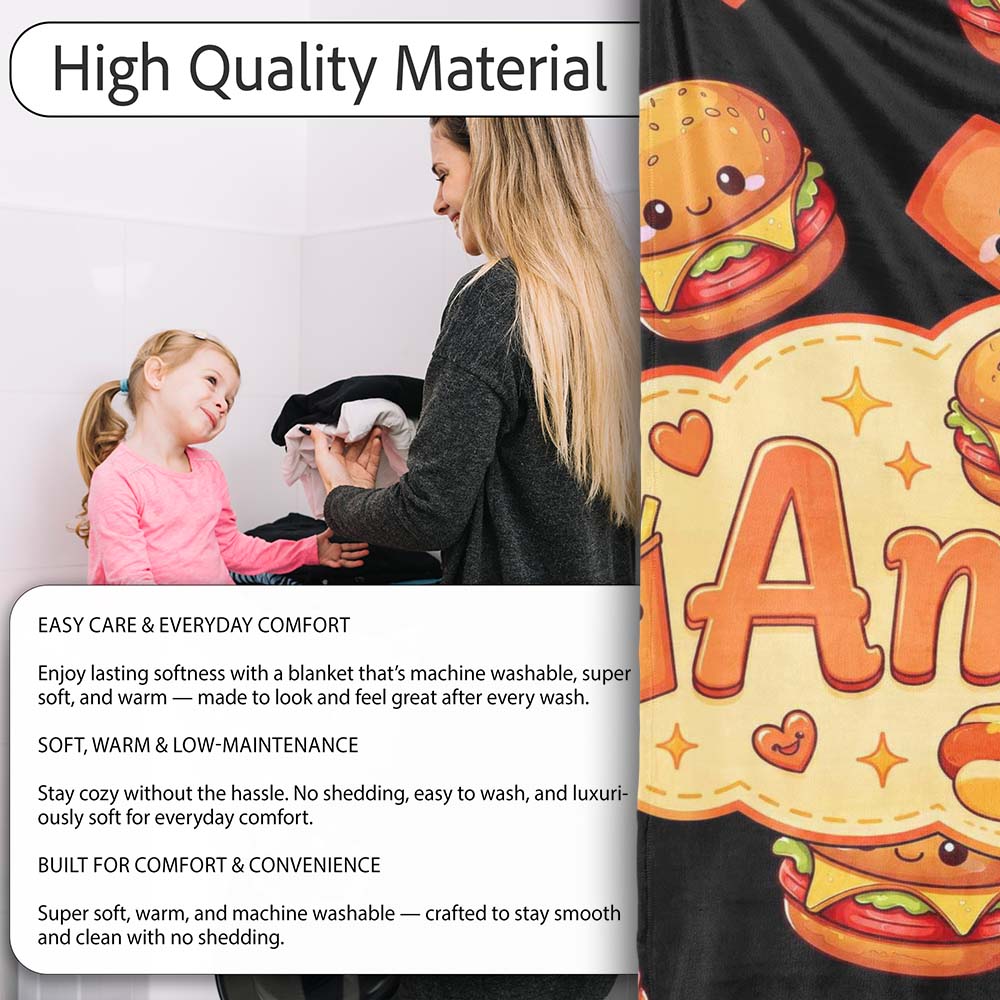 Cute Kawaii Burger Fries Hotdog Fast Food Seamless Pattern Black  Personalised Custom Name Super Soft Fleece Blanket Bed Sofa Throw