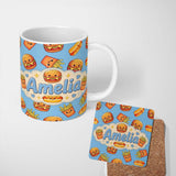 Personalized Custom Name Cute Kawaii Burger Fries Hotdog Fast Food Seamless Pattern Blue 11oz Ceramic Coffee Tea Mug White Large Handle