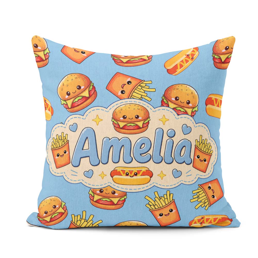 Custom Name Kawaii Burger Hotdog Fast Food Seamless Pattern Blue Square Filled Cushion Throw Pillow Sofa Bed Home Decor Zip Washable UK Made