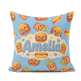 Custom Name Kawaii Burger Hotdog Fast Food Seamless Pattern Blue Square Filled Cushion Throw Pillow Sofa Bed Home Decor Zip Washable UK Made