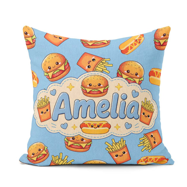 Custom Name Kawaii Burger Hotdog Fast Food Seamless Pattern Blue Square Filled Cushion Throw Pillow Sofa Bed Home Decor Zip Washable UK Made