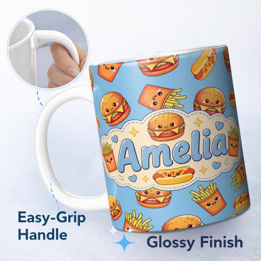 Personalized Custom Name Cute Kawaii Burger Fries Hotdog Fast Food Seamless Pattern Blue 11oz Ceramic Coffee Tea Mug White Large Handle