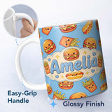 Personalized Custom Name Cute Kawaii Burger Fries Hotdog Fast Food Seamless Pattern Blue 11oz Ceramic Coffee Tea Mug White Large Handle