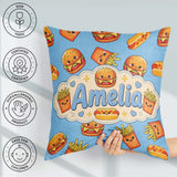 Custom Name Kawaii Burger Hotdog Fast Food Seamless Pattern Blue Square Filled Cushion Throw Pillow Sofa Bed Home Decor Zip Washable UK Made