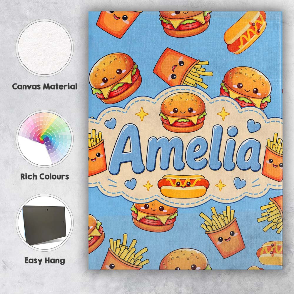 Personalised Name Cute Kawaii Burger Fries Custom  Unique Gift Idea Elegant Feature Canvas Wall Art Print Decor Picture Ready to Hang