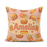 Custom Name Kawaii Burger Fries Fast Food Seamless Pattern Beige Square Filled Cushion Throw Pillow Sofa Bed Home Decor Zip Washable UK Made