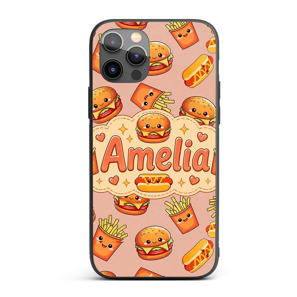 Cute Kawaii Burger Fries Hotdog Printed Design Custom Name Protective Phone Case Mobile Cover Durable Everyday Smartphone Shock Resistant