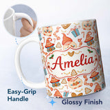 Personalized Custom Name Cute Christmas Gnome Gift Candy Cane Gingerbread Seamless Pattern 11oz Ceramic Coffee Tea Mug White Large Handle