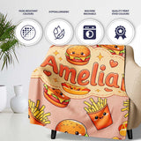 Cute Kawaii Burger Fries Hotdog Fast Food Seamless Pattern Beige  Personalised Custom Name Super Soft Fleece Blanket Bed Sofa Throw