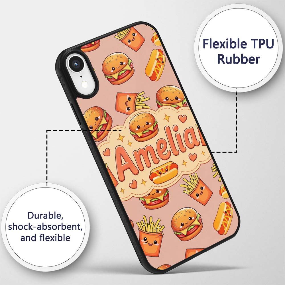 Cute Kawaii Burger Fries Hotdog Printed Design Custom Name Protective Phone Case Mobile Cover Durable Everyday Smartphone Shock Resistant