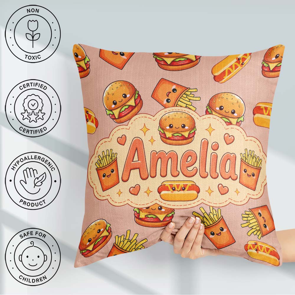 Custom Name Kawaii Burger Fries Fast Food Seamless Pattern Beige Square Filled Cushion Throw Pillow Sofa Bed Home Decor Zip Washable UK Made