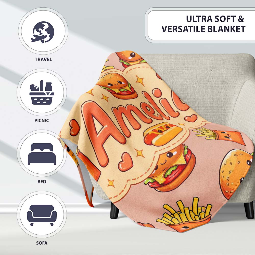 Cute Kawaii Burger Fries Hotdog Fast Food Seamless Pattern Beige  Personalised Custom Name Super Soft Fleece Blanket Bed Sofa Throw