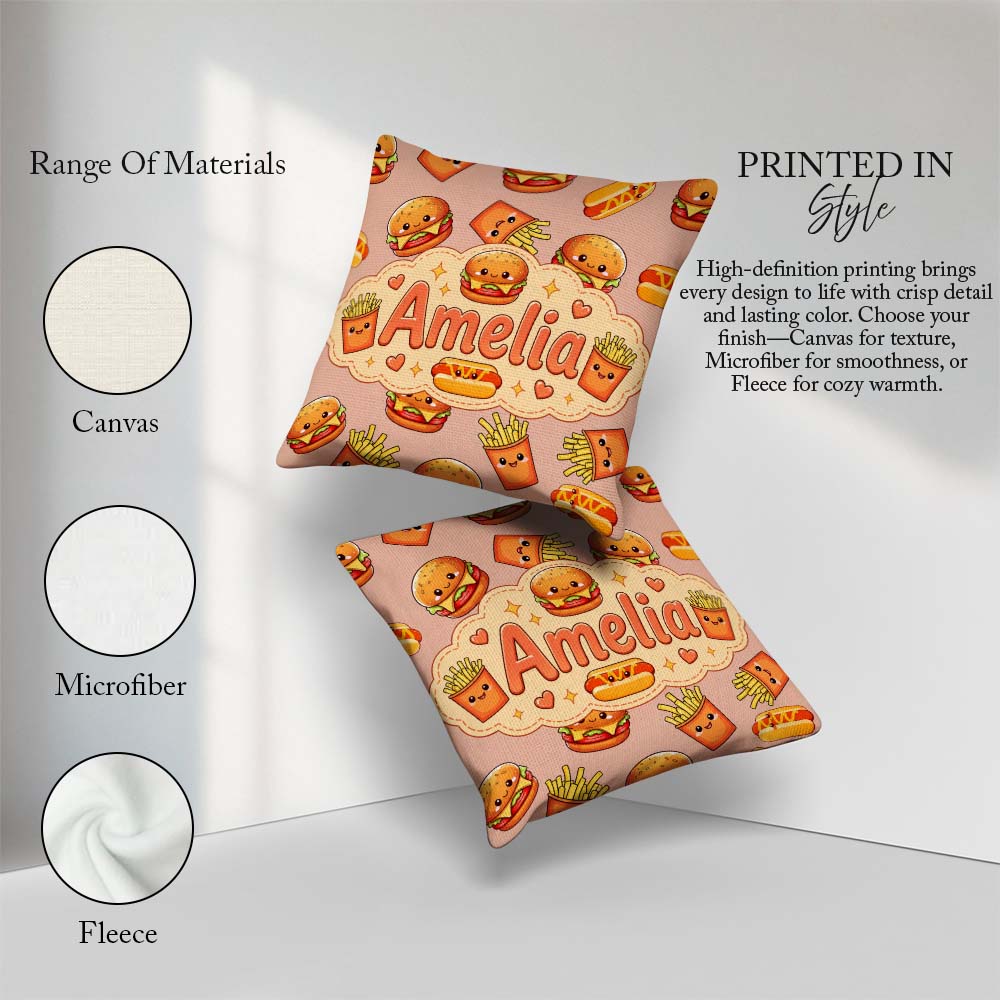 Custom Name Kawaii Burger Fries Fast Food Seamless Pattern Beige Square Filled Cushion Throw Pillow Sofa Bed Home Decor Zip Washable UK Made