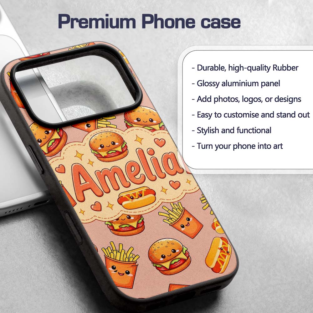 Cute Kawaii Burger Fries Hotdog Printed Design Custom Name Protective Phone Case Mobile Cover Durable Everyday Smartphone Shock Resistant
