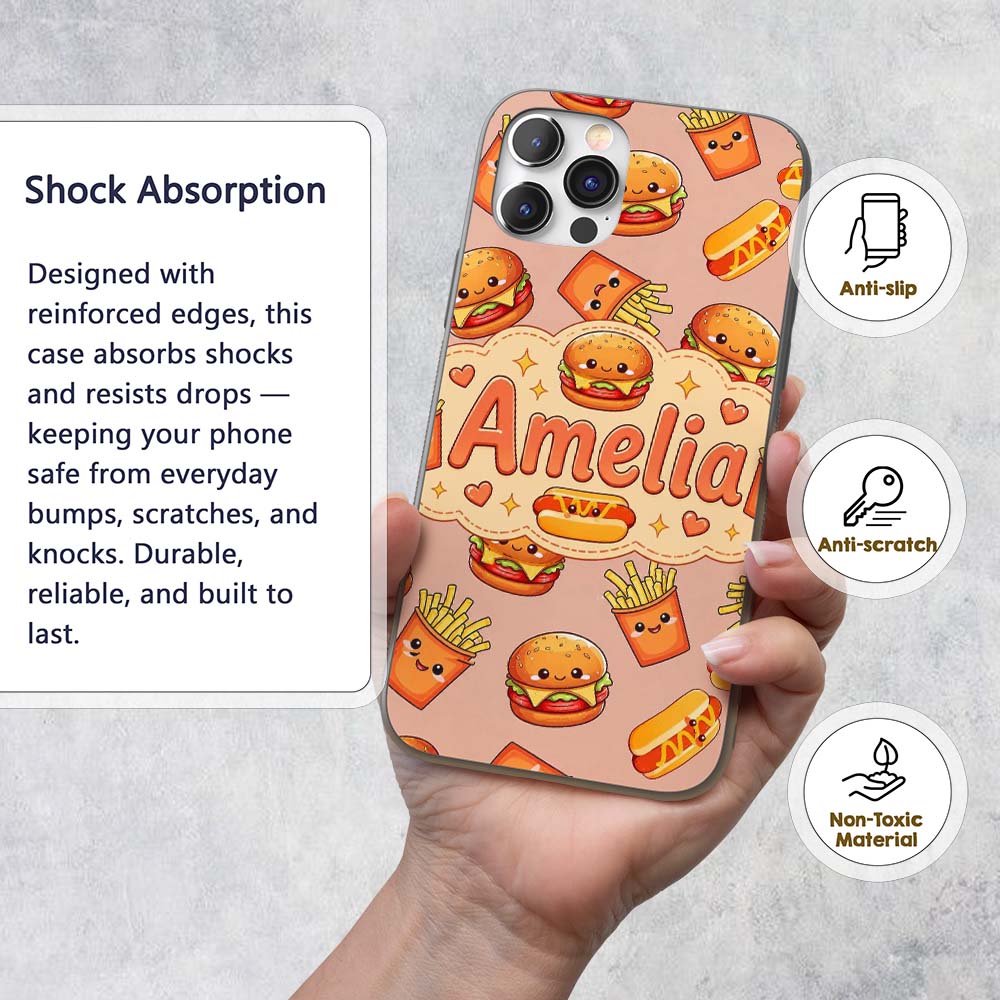 Cute Kawaii Burger Fries Hotdog Printed Design Custom Name Protective Phone Case Mobile Cover Durable Everyday Smartphone Shock Resistant