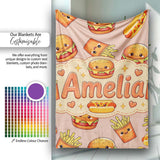 Cute Kawaii Burger Fries Hotdog Fast Food Seamless Pattern Beige  Personalised Custom Name Super Soft Fleece Blanket Bed Sofa Throw