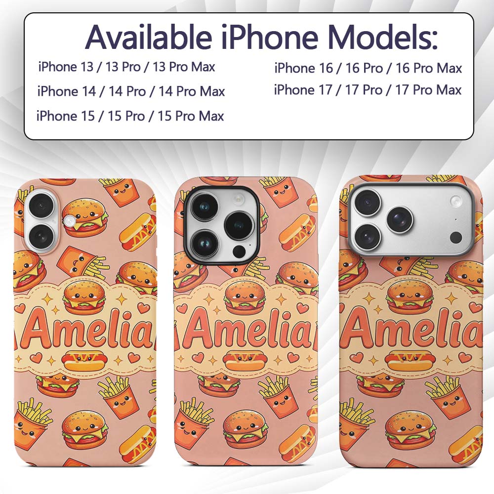 Cute Kawaii Burger Fries Hotdog Printed Design Custom Name Protective Phone Case Mobile Cover Durable Everyday Smartphone Shock Resistant