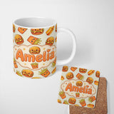 Personalized Custom Name Kawaii Burger Fries Hotdog Fast Food Seamless Pattern Light Cream 11oz Ceramic Coffee Tea Mug White Large Handle