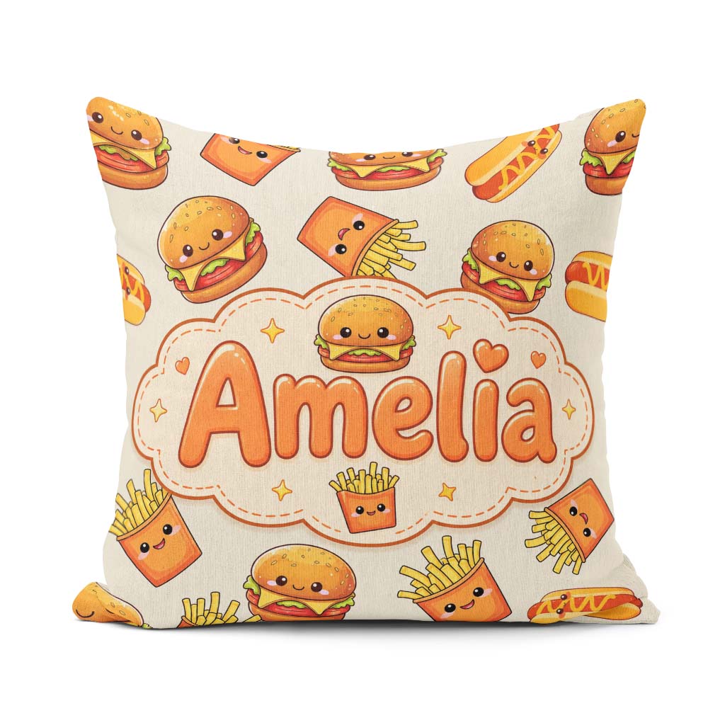 Custom Name Kawaii Burger Fries Fast Food Seamless Pattern Light Square Filled Cushion Throw Pillow Sofa Bed Home Decor Zip Washable UK Made