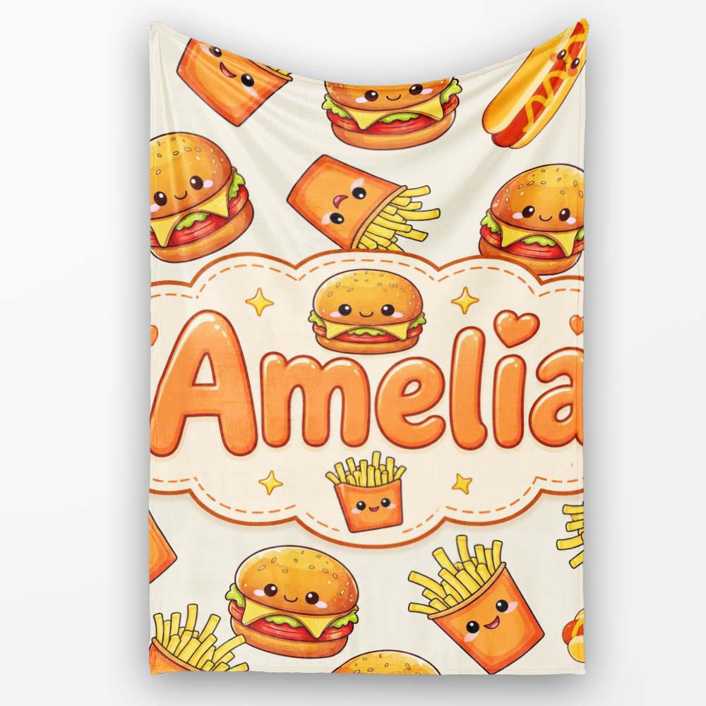 Kawaii Burger Fries Hotdog Fast Food Seamless Pattern Light Cream  Personalised Custom Name Super Soft Fleece Blanket Bed Sofa Throw