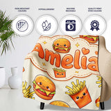 Kawaii Burger Fries Hotdog Fast Food Seamless Pattern Light Cream  Personalised Custom Name Super Soft Fleece Blanket Bed Sofa Throw