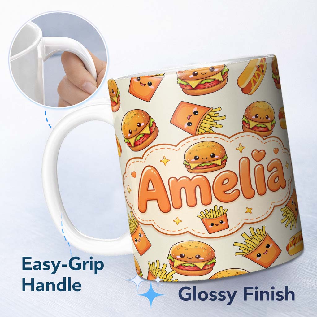 Personalized Custom Name Kawaii Burger Fries Hotdog Fast Food Seamless Pattern Light Cream 11oz Ceramic Coffee Tea Mug White Large Handle