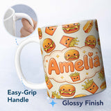 Personalized Custom Name Kawaii Burger Fries Hotdog Fast Food Seamless Pattern Light Cream 11oz Ceramic Coffee Tea Mug White Large Handle
