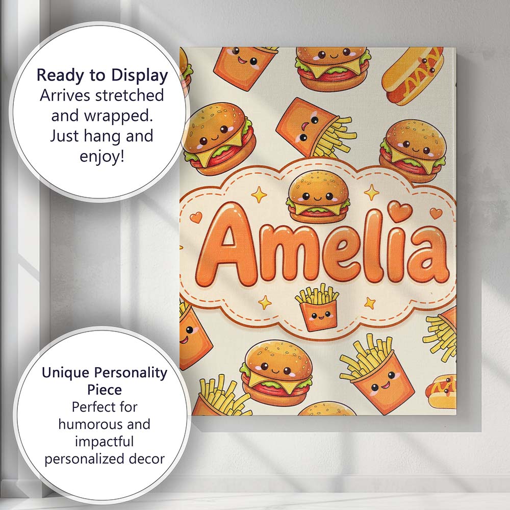 Personalised Name Kawaii Burger Fries Custom Modern Room Accent Creative Decorator Style Canvas Wall Art Print Decor Picture Ready to Hang