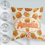 Custom Name Kawaii Burger Fries Fast Food Seamless Pattern Light Square Filled Cushion Throw Pillow Sofa Bed Home Decor Zip Washable UK Made