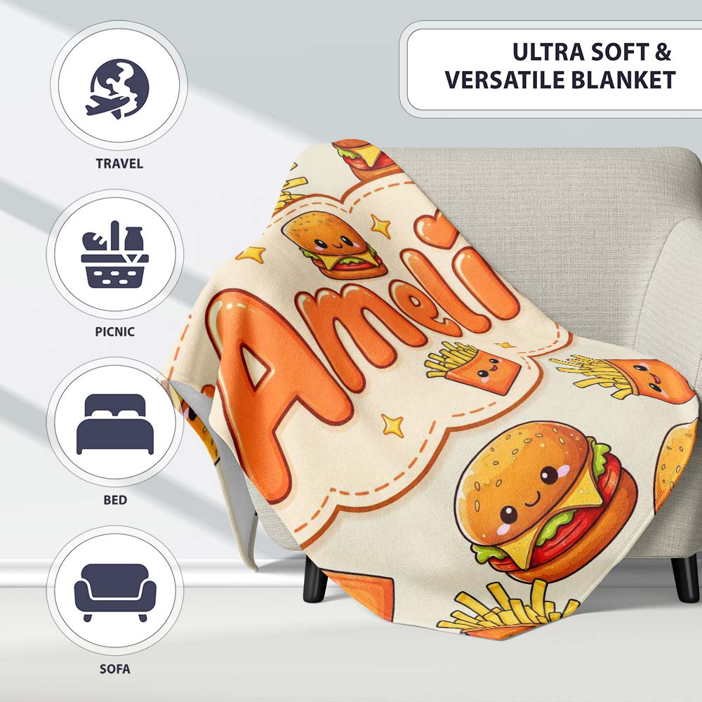 Kawaii Burger Fries Hotdog Fast Food Seamless Pattern Light Cream  Personalised Custom Name Super Soft Fleece Blanket Bed Sofa Throw