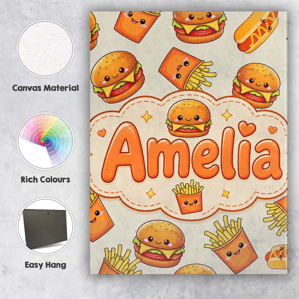 Personalised Name Kawaii Burger Fries Custom Modern Room Accent Creative Decorator Style Canvas Wall Art Print Decor Picture Ready to Hang