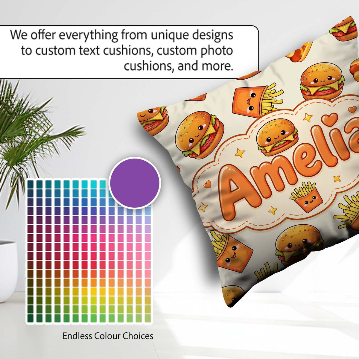 Custom Name Kawaii Burger Fries Fast Food Seamless Pattern Light Square Filled Cushion Throw Pillow Sofa Bed Home Decor Zip Washable UK Made