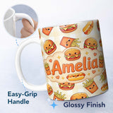 Personalized Custom Name Cute Kawaii Burger Fries Hotdog Fast Food Seamless Pattern Gingham 11oz Ceramic Coffee Tea Mug White Large Handle
