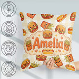 Custom Name Kawaii Burger Fries Hotdog Fast Food Pattern Gingham Square Filled Cushion Throw Pillow Sofa Bed Home Decor Zip Washable UK Made
