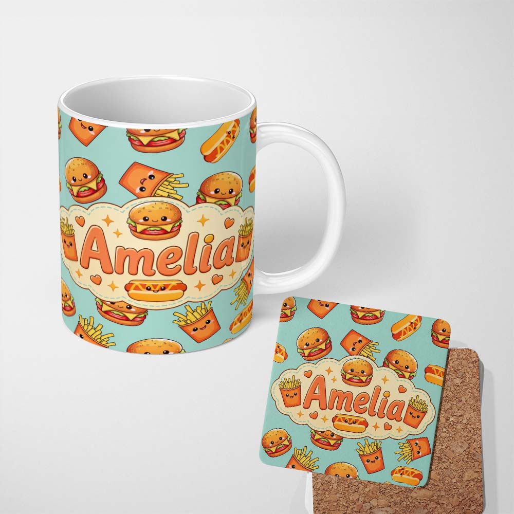Personalized Custom Name Cute Kawaii Burger Fries Hotdog Fast Food Seamless Pattern Mint 11oz Ceramic Coffee Tea Mug White Large Handle
