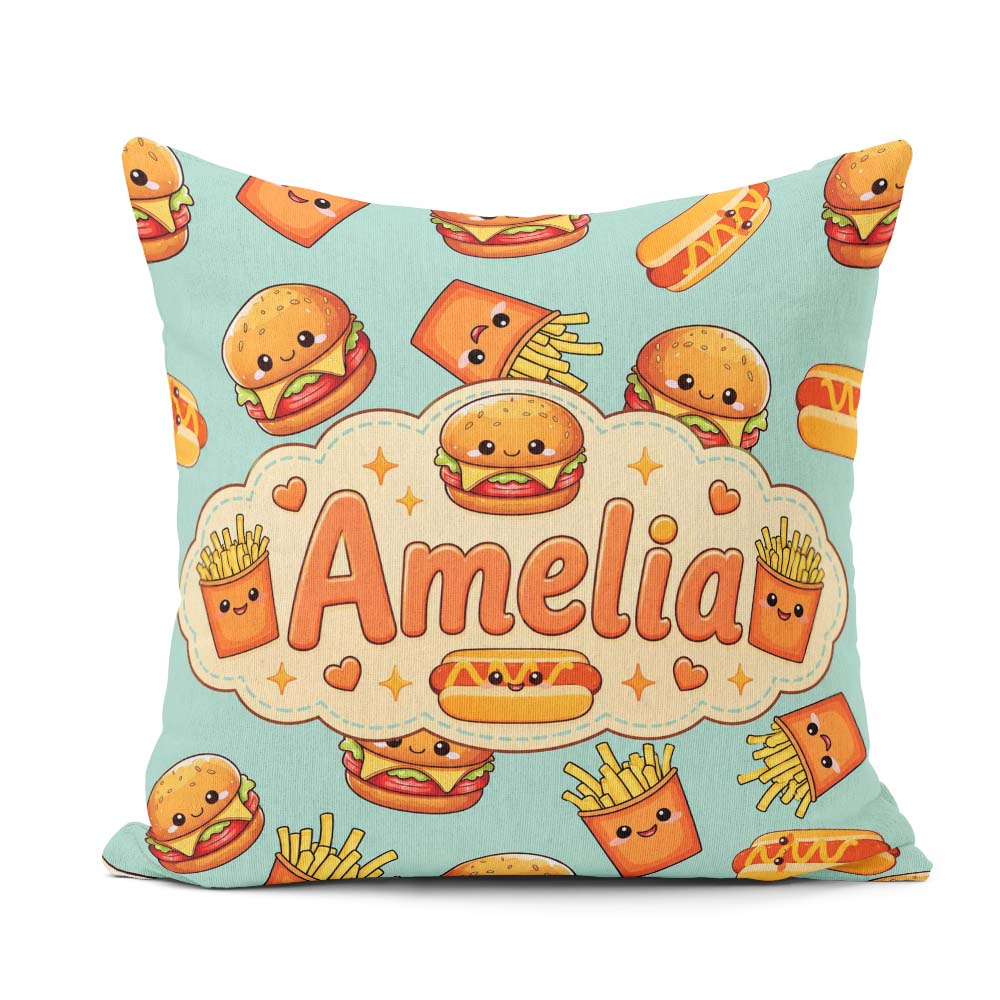 Custom Name Kawaii Burger Hotdog Fast Food Seamless Pattern Mint Square Filled Cushion Throw Pillow Sofa Bed Home Decor Zip Washable UK Made