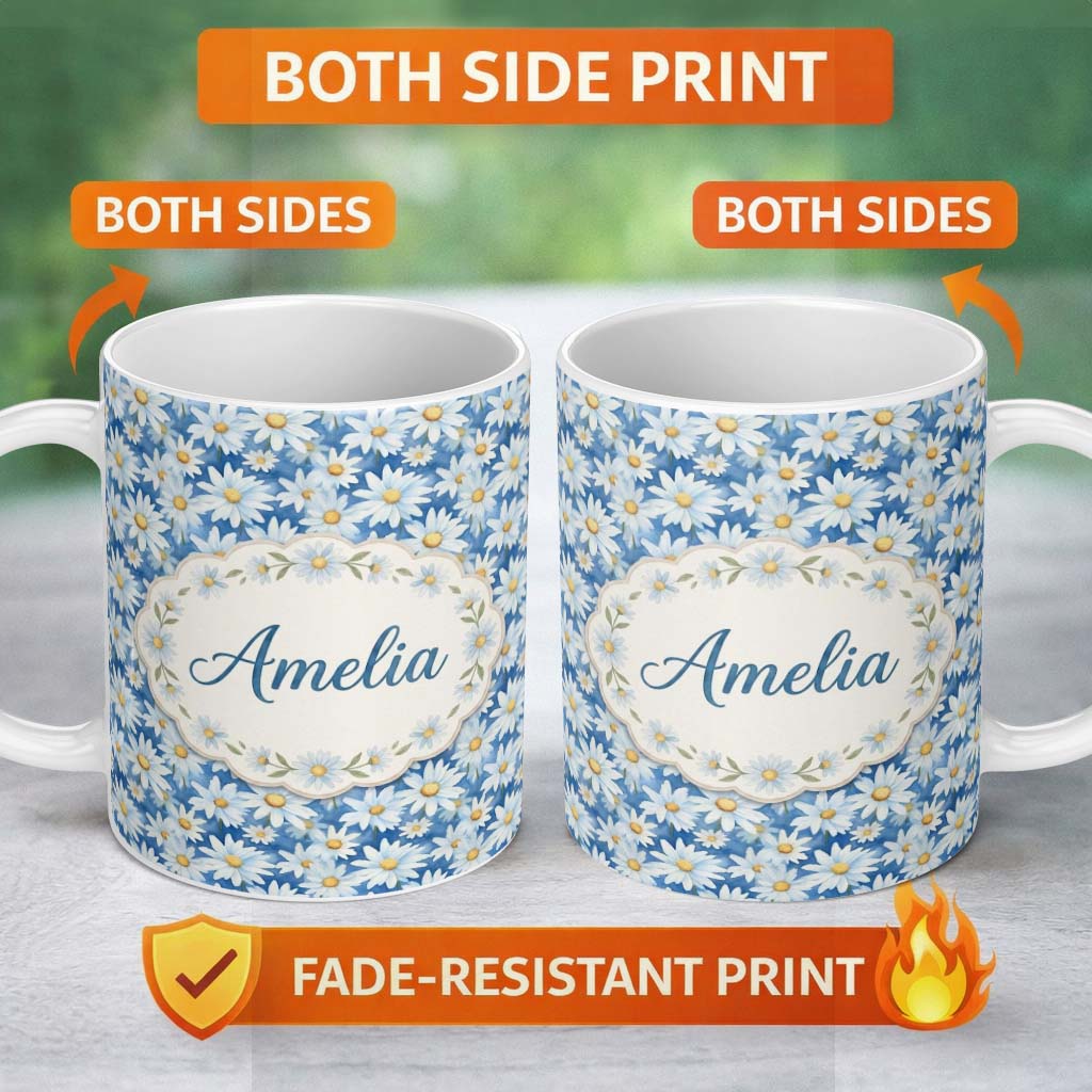 Personalized Custom Name Blue Watercolor Daisy Floral Seamless Pattern Cute Unique Gift 11oz Ceramic Coffee Tea Mug White Large Handle