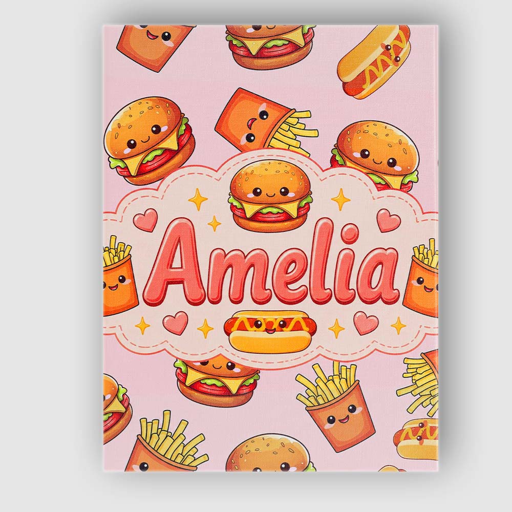 Personalised Name Cute Kawaii Burger Fries Custom  Unique Gift Idea Elegant Feature Canvas Wall Art Print Decor Picture Ready to Hang
