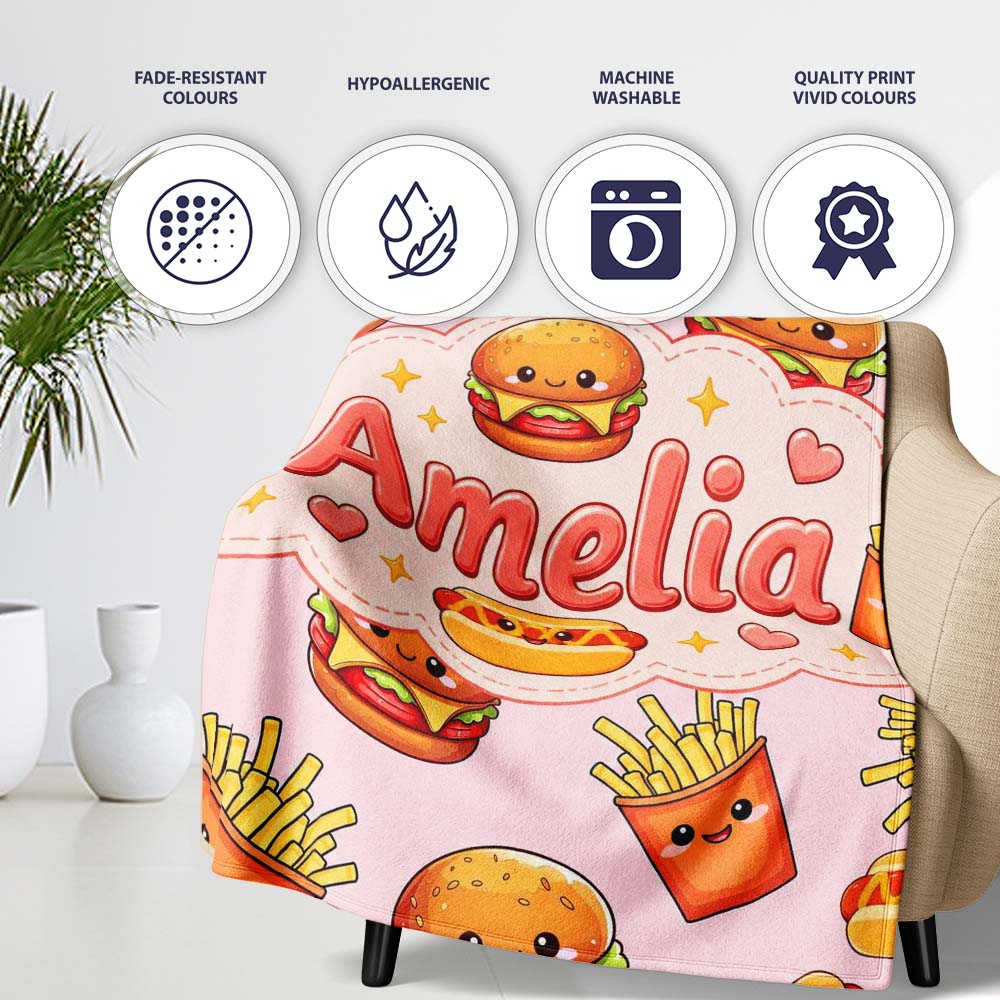 Cute Kawaii Burger Fries Hotdog Fast Food Seamless Pattern Soft  Personalised Custom Name Super Soft Fleece Blanket Bed Sofa Throw