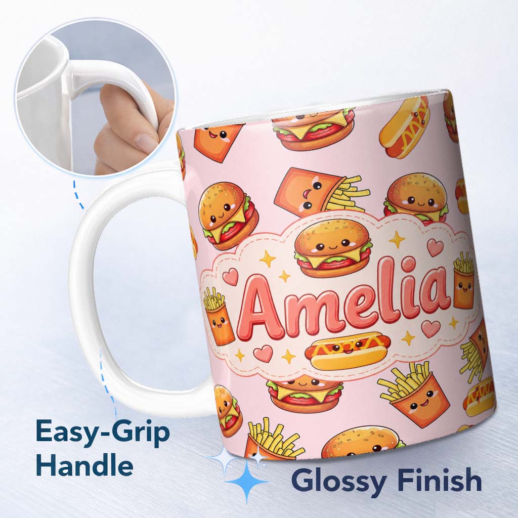 Personalized Custom Name Cute Kawaii Burger Fries Hotdog Fast Food Seamless Pattern Soft 11oz Ceramic Coffee Tea Mug White Large Handle