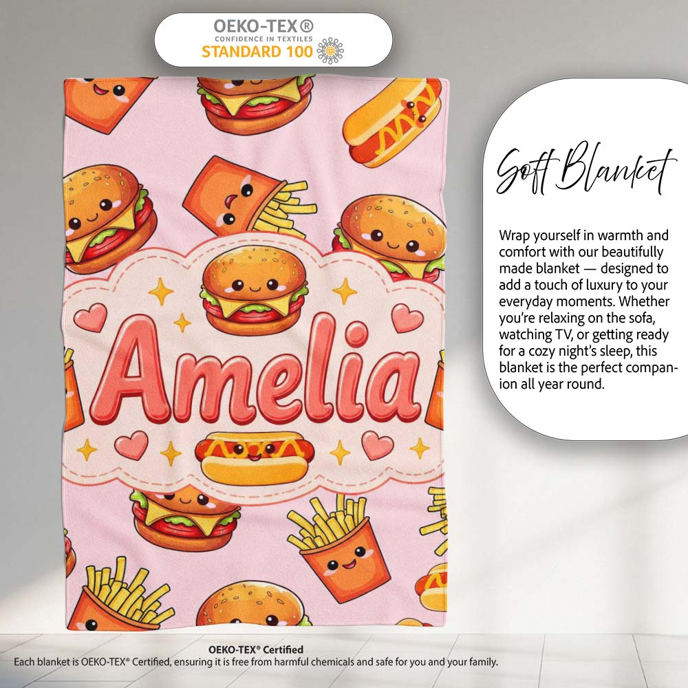 Cute Kawaii Burger Fries Hotdog Fast Food Seamless Pattern Soft  Personalised Custom Name Super Soft Fleece Blanket Bed Sofa Throw