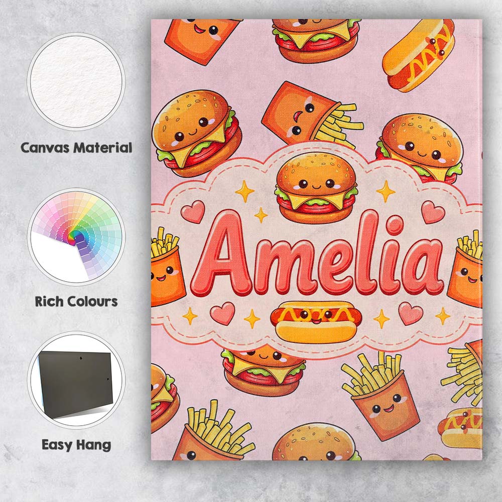 Personalised Name Cute Kawaii Burger Fries Custom  Unique Gift Idea Elegant Feature Canvas Wall Art Print Decor Picture Ready to Hang