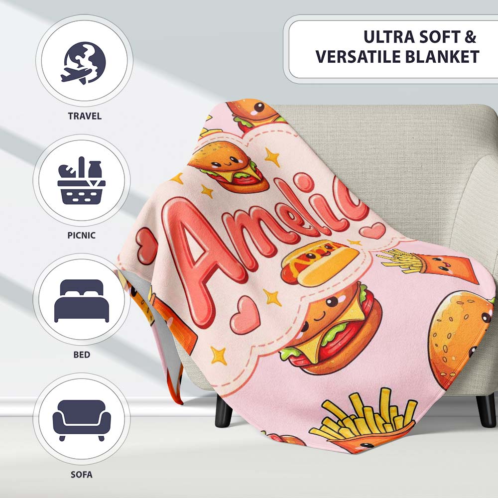 Cute Kawaii Burger Fries Hotdog Fast Food Seamless Pattern Soft  Personalised Custom Name Super Soft Fleece Blanket Bed Sofa Throw