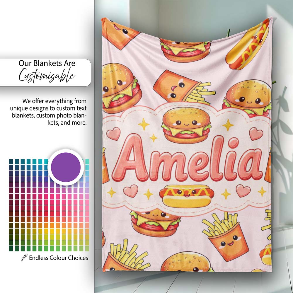 Cute Kawaii Burger Fries Hotdog Fast Food Seamless Pattern Soft  Personalised Custom Name Super Soft Fleece Blanket Bed Sofa Throw