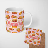 Personalized Custom Name Kawaii Burger Fries Hotdog Fast Food Seamless Pattern Pastel Pink 11oz Ceramic Coffee Tea Mug White Large Handle
