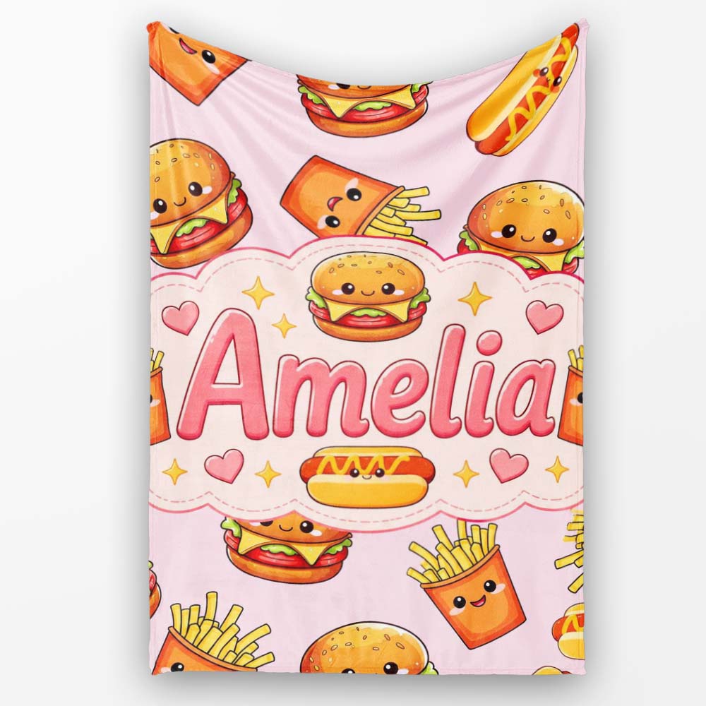 Kawaii Burger Fries Hotdog Fast Food Seamless Pattern Pastel Pink  Personalised Custom Name Super Soft Fleece Blanket Bed Sofa Throw