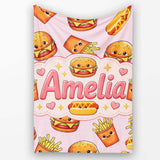 Kawaii Burger Fries Hotdog Fast Food Seamless Pattern Pastel Pink  Personalised Custom Name Super Soft Fleece Blanket Bed Sofa Throw